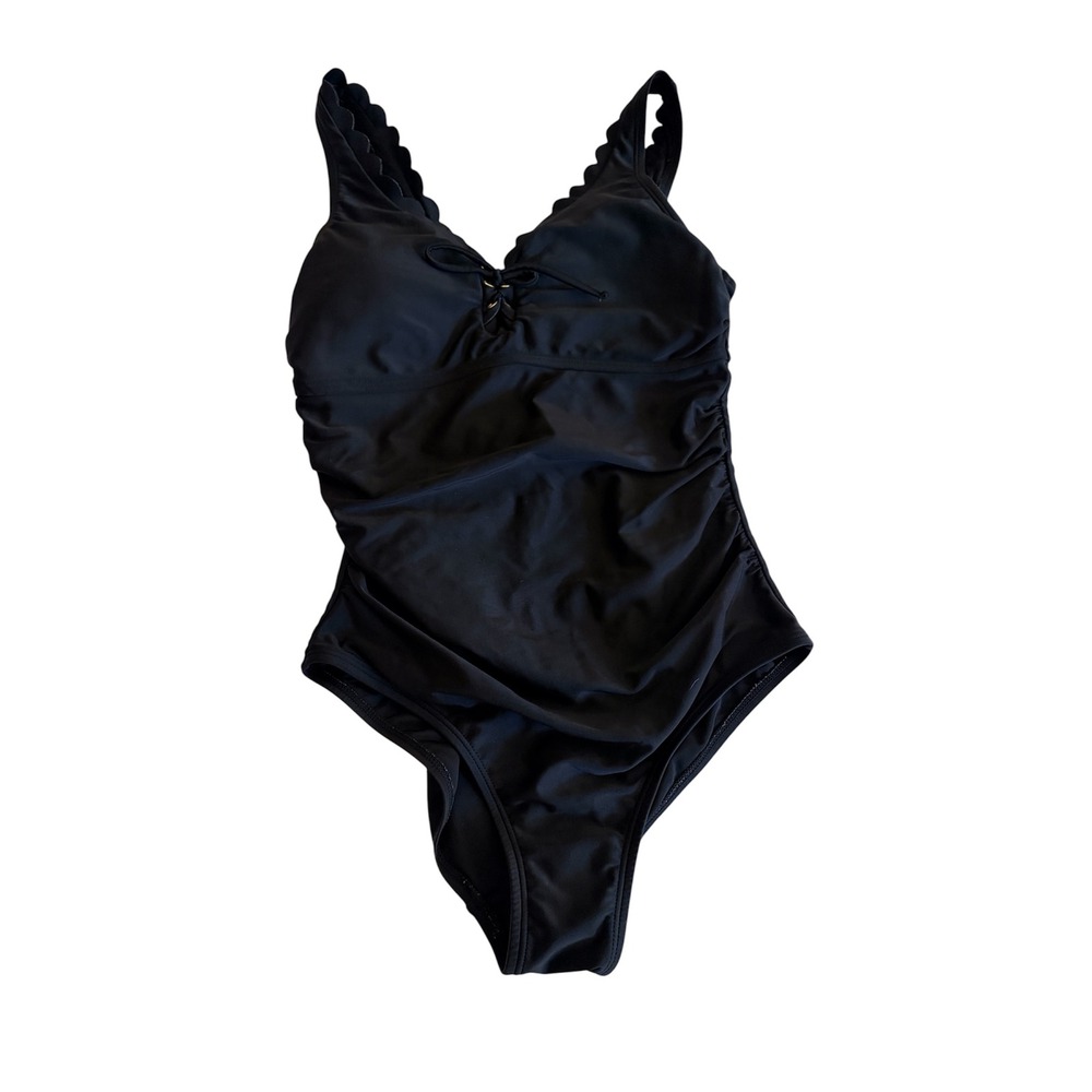 Kona Sol Women's One-Piece Black Scalloped Swimsuit High Coverage Size Small